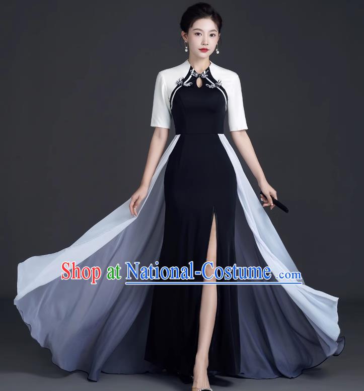 Chinese Design Black Fishtail Slit Dress Cheongsam Model Team Catwalk High End Temperament Costumes