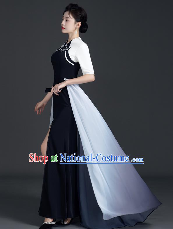 Chinese Design Black Fishtail Slit Dress Cheongsam Model Team Catwalk High End Temperament Costumes