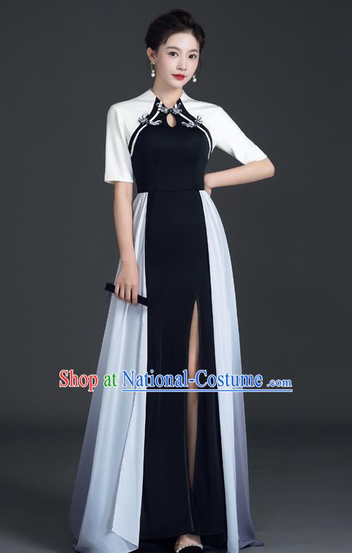 Chinese Design Black Fishtail Slit Dress Cheongsam Model Team Catwalk High End Temperament Costumes