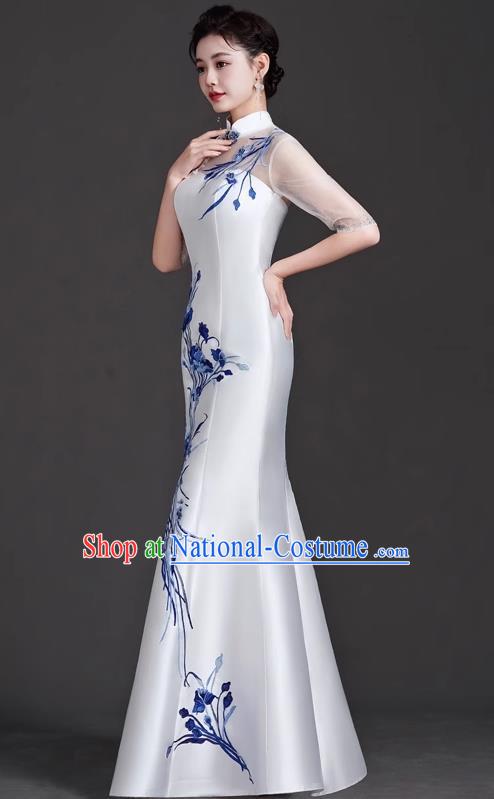 Chinese Design Cheongsam Evening Dress Elegant High End Catwalk Mermaid Retro Host Costume Blue And White Porcelain