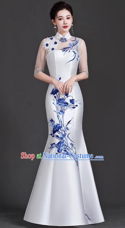 Chinese Design Cheongsam Evening Dress Elegant High End Catwalk Mermaid Retro Host Costume Blue And White Porcelain