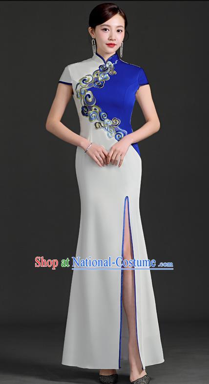 Chinese Design Improved Cheongsam Long Fishtail Slit Retro Elegant Model Group Catwalk Costume Blue And White Color Contrast