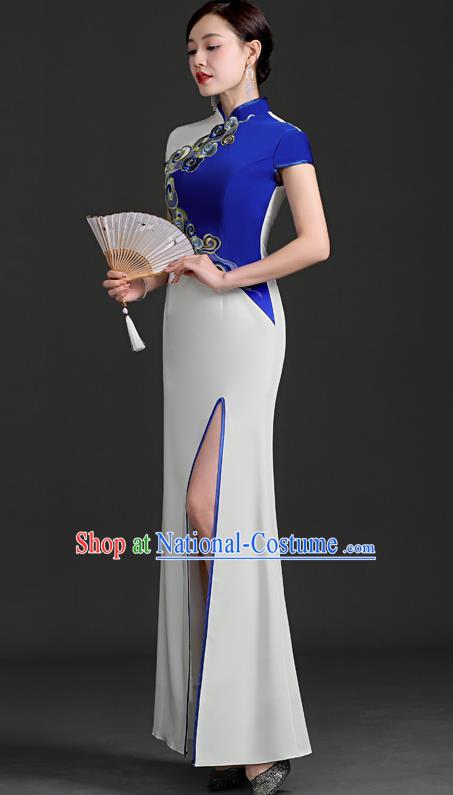 Chinese Design Improved Cheongsam Long Fishtail Slit Retro Elegant Model Group Catwalk Costume Blue And White Color Contrast