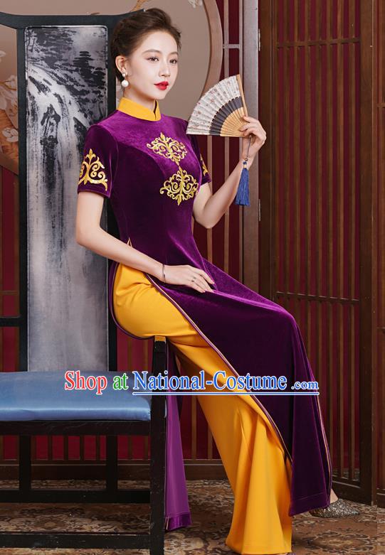 Purple Velvet Ao Dai Modified Cheongsam Dress Mother Catwalk Costume