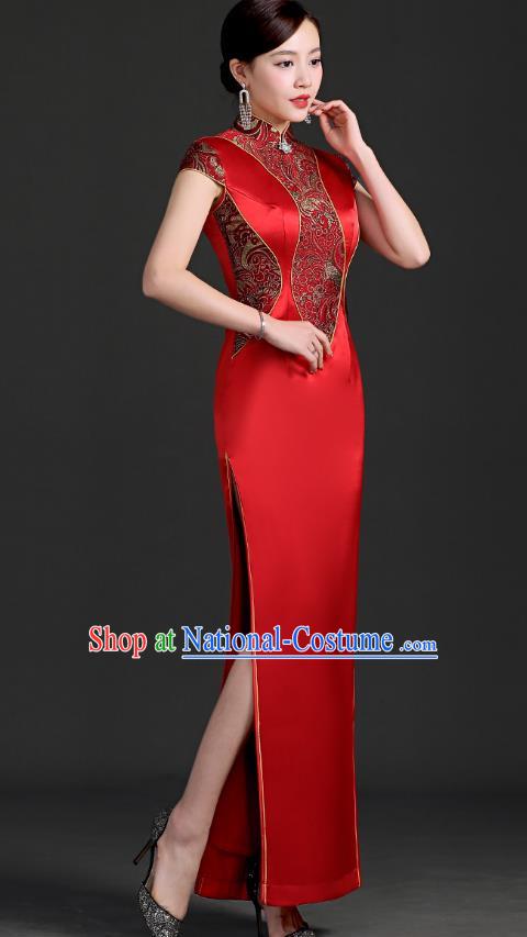 Chinese Design Improved Red Wedding Cheongsam Long Catwalk Performance Clothing Daily Cheongsam Dress