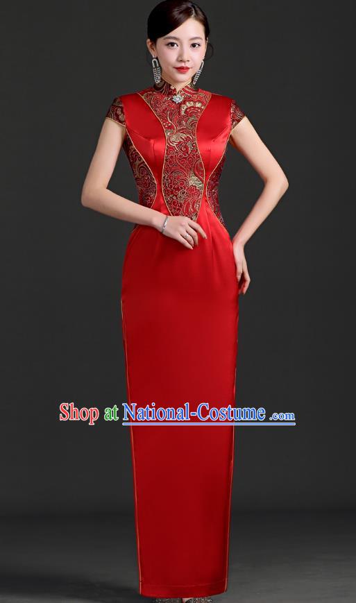 Chinese Design Improved Red Wedding Cheongsam Long Catwalk Performance Clothing Daily Cheongsam Dress