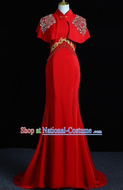 Chinese Design Red Senior Evening Dress Trailing Long Fishtail Slim Banquet Elegant Temperament Catwalk Dress Skirt