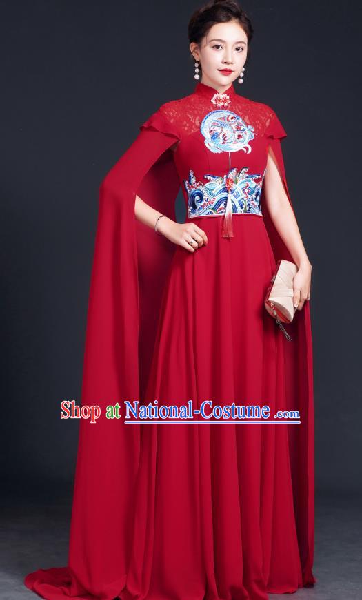 Improved Catwalk Cheongsam Long Section Chinese Red Costume Big Cape Fairy Skirt Model Choir