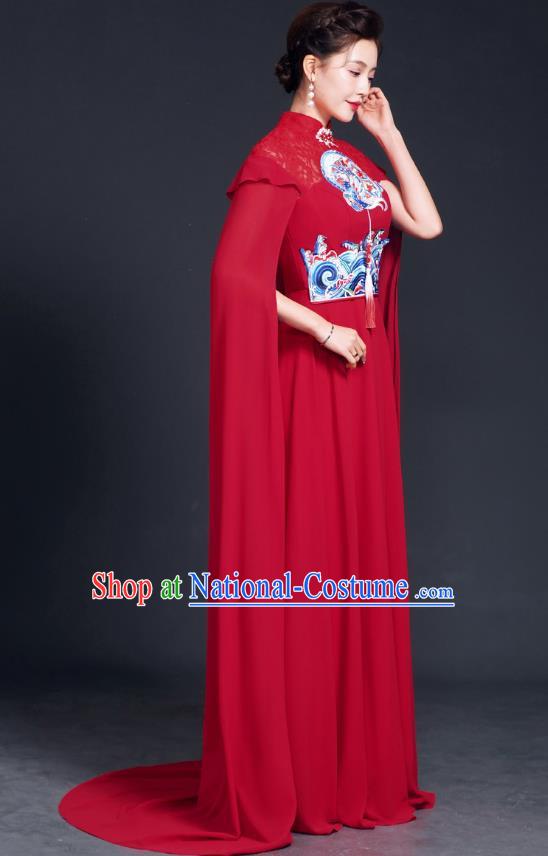 Improved Catwalk Cheongsam Long Section Chinese Red Costume Big Cape Fairy Skirt Model Choir