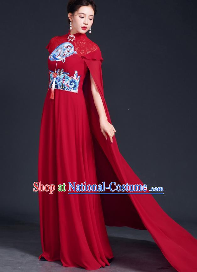 Improved Catwalk Cheongsam Long Section Chinese Red Costume Big Cape Fairy Skirt Model Choir