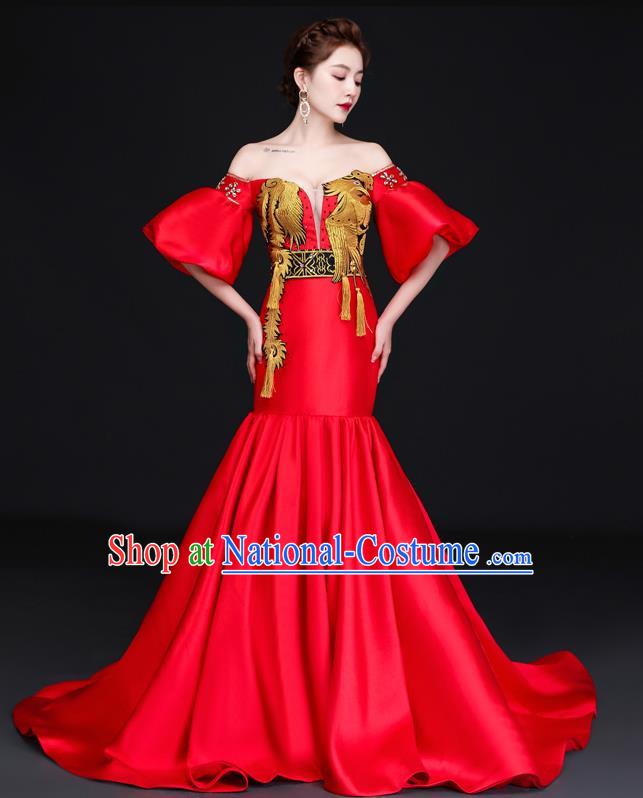 Chinese Design High End Trailing Banquet Evening Dress Long Fishtail Self Cultivation Model Catwalk Dress One Shoulder Costume