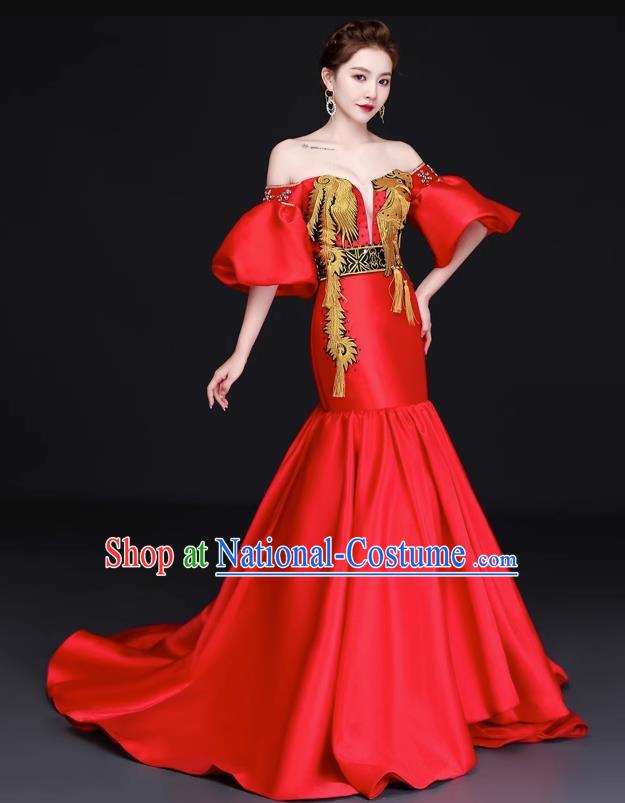 Chinese Design High End Trailing Banquet Evening Dress Long Fishtail Self Cultivation Model Catwalk Dress One Shoulder Costume