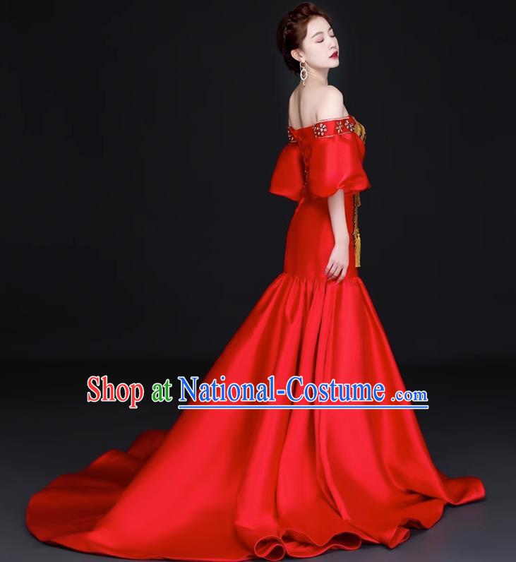 Chinese Design High End Trailing Banquet Evening Dress Long Fishtail Self Cultivation Model Catwalk Dress One Shoulder Costume