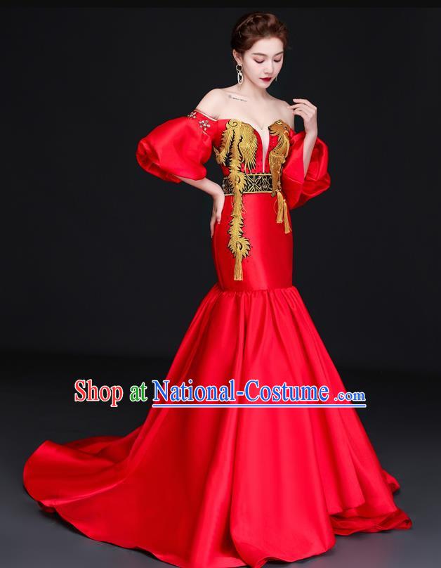 Chinese Design High End Trailing Banquet Evening Dress Long Fishtail Self Cultivation Model Catwalk Dress One Shoulder Costume