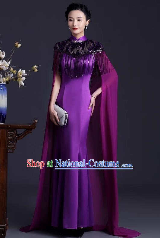 Purple Catwalk Cheongsam Temperament Mermaid Dress Chinese Design High End Stage Costume Cape