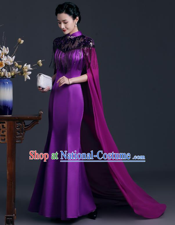 Purple Catwalk Cheongsam Temperament Mermaid Dress Chinese Design High End Stage Costume Cape