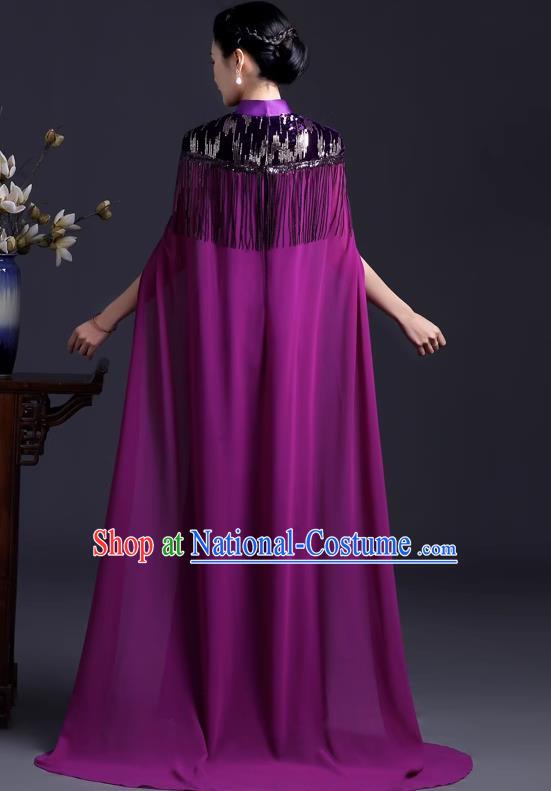 Purple Catwalk Cheongsam Temperament Mermaid Dress Chinese Design High End Stage Costume Cape