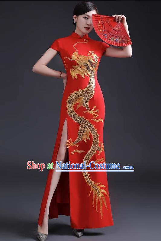 Chinese Design Improved Cheongsam Fishtail Long Model Dignified Atmosphere Etiquette Special Team Catwalk Show Costume Red