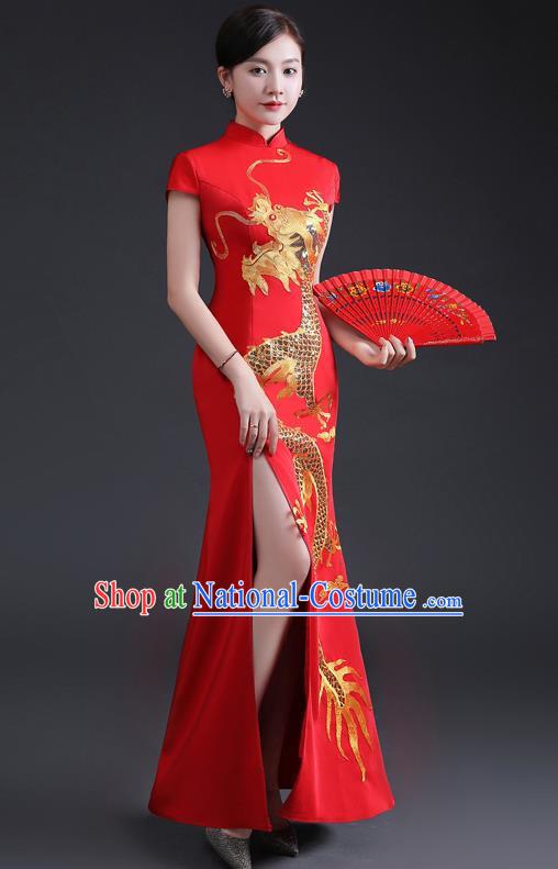 Chinese Design Improved Cheongsam Fishtail Long Model Dignified Atmosphere Etiquette Special Team Catwalk Show Costume Red