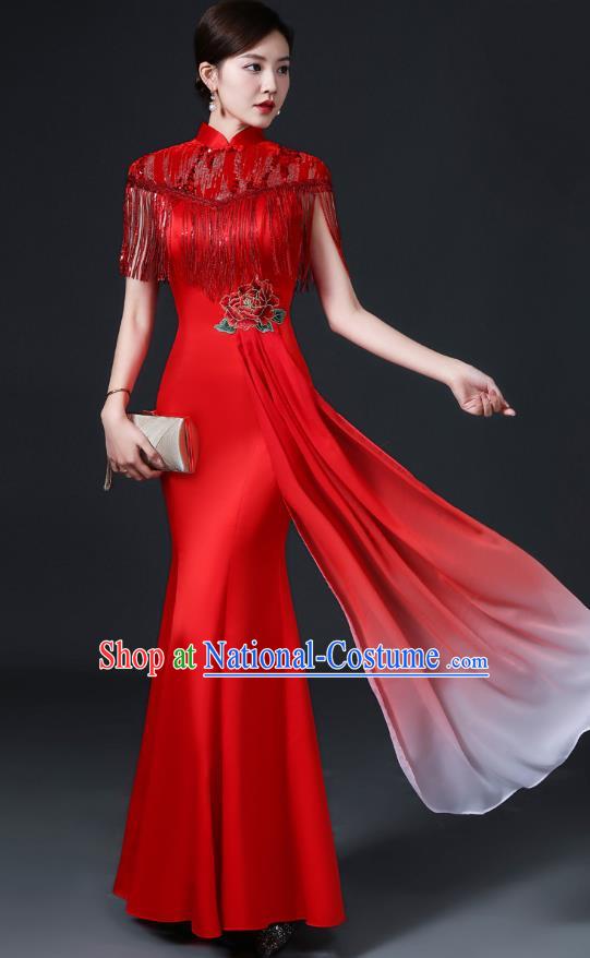 Chinese Design Mermaid Cheongsam Simple Dress Skirt Banquet Red Catwalk Costume