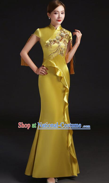 Chinese Design Improved Evening Dress Fishtail Chinese Design Stage Performance Costume Annual Meeting Host Model Catwalk Cheongsam Tassel