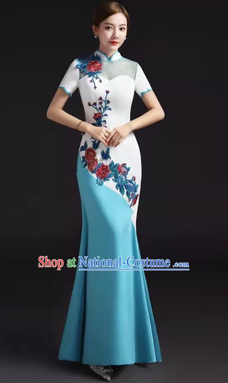 Chinese Design Improved Fishtail Slim Evening Dress Embroidered Chorus Cheongsam Stage Catwalk Costume