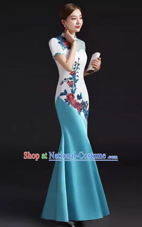 Chinese Design Improved Fishtail Slim Evening Dress Embroidered Chorus Cheongsam Stage Catwalk Costume