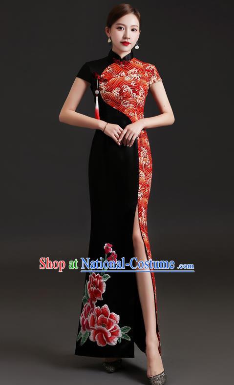 Chinese Design High End Cheongsam Evening Dress Fishtail Slit Performance Costume Host Banquet Black Temperament Dress