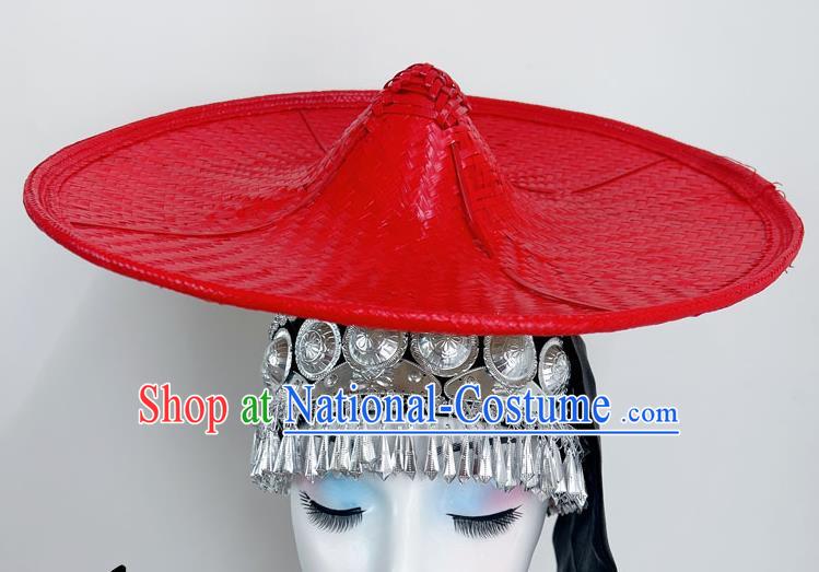 Ethnic Dance Headdress With Flower Waist Dai Bucket Hat Shanling Dance Hat Rain Bamboo Forest Shaodoli Bamboo Weaving Bucket Hat Red