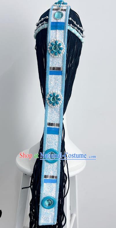 Tibetan Dance Headdress Tianyu Hair Ornament Long Debate Handmade Blue Jewelry Wig National Art Test Headdress