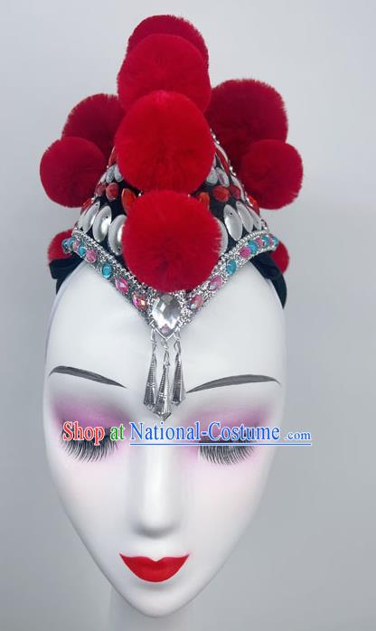 Yi Nationality Dance Headdress Red Dragonfly Taoli Cup Performance Headdress Cockscomb Hat Rooster Hat Wig Hair Play Headdress