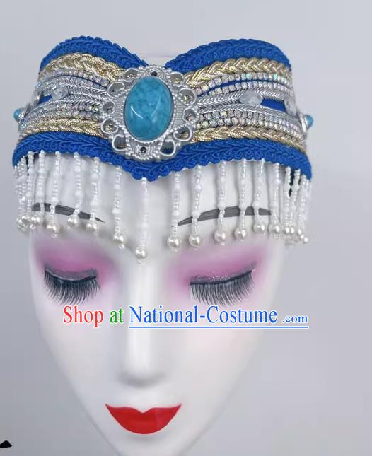 Ethnic Minority Dance Mongolian Headdress Blue Bead Curtain Art Test Dance Performance Stage Hair Accessories