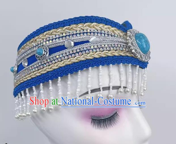 Ethnic Minority Dance Mongolian Headdress Blue Bead Curtain Art Test Dance Performance Stage Hair Accessories