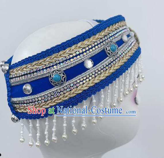 Ethnic Minority Dance Mongolian Headdress Blue Bead Curtain Art Test Dance Performance Stage Hair Accessories