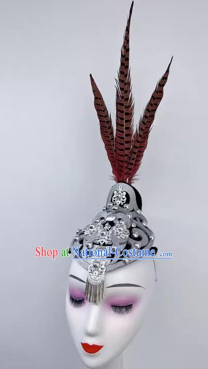 Hmong Dance Xiang Jinlin Headdress National Brocade Color Long Feather Hair Ornament Performance Performance Headdress Wig