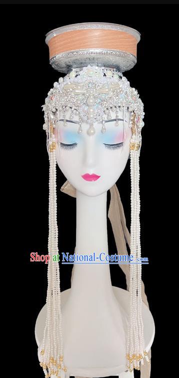 Mongolian Dance Top Bowl Dance Headdress Handmade Beaded Long Tassel Top Bowl Shape Dance Headdress