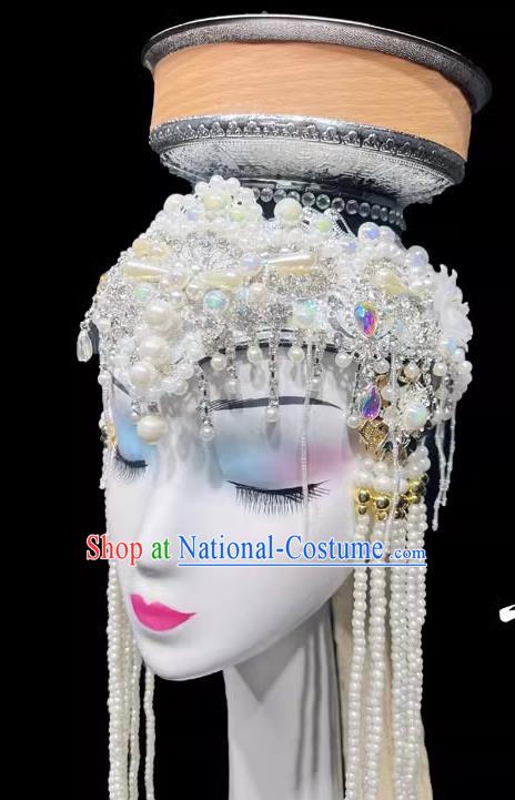 Mongolian Dance Top Bowl Dance Headdress Handmade Beaded Long Tassel Top Bowl Shape Dance Headdress