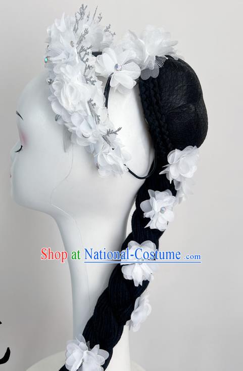 Folk Dance Jiaozhou Dance Headdress White Peony Flower Dance Headdress With Hair Bag Braid Art Test Headdress