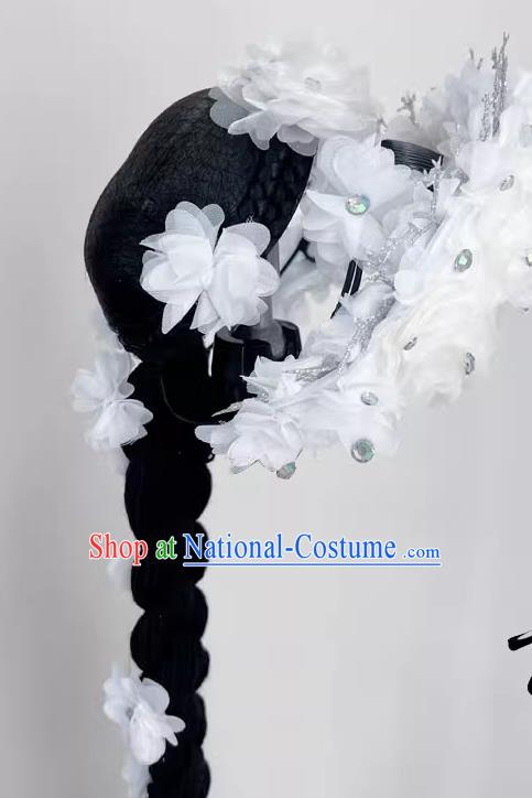 Folk Dance Jiaozhou Dance Headdress White Peony Flower Dance Headdress With Hair Bag Braid Art Test Headdress