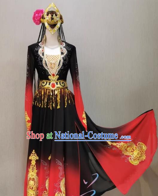 Xinjiang Uyghur Dance Performance Costume Red Gradient Art Examination Minority Wind Swing Skirt