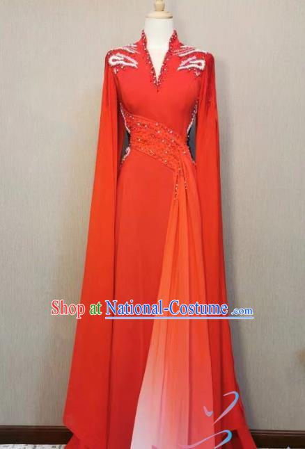 Red Gradient Beaded Slim A Line Dress Art Examination Elegant Bel Canto Folk Song Solo Dress