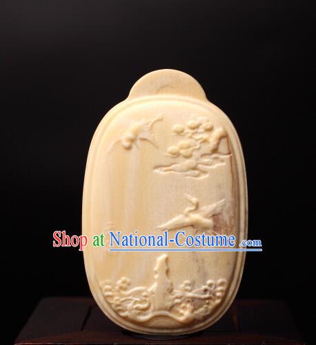 Chinese Microscopic Carving Ivory Sculpture Pine Crane Longevity Pendant