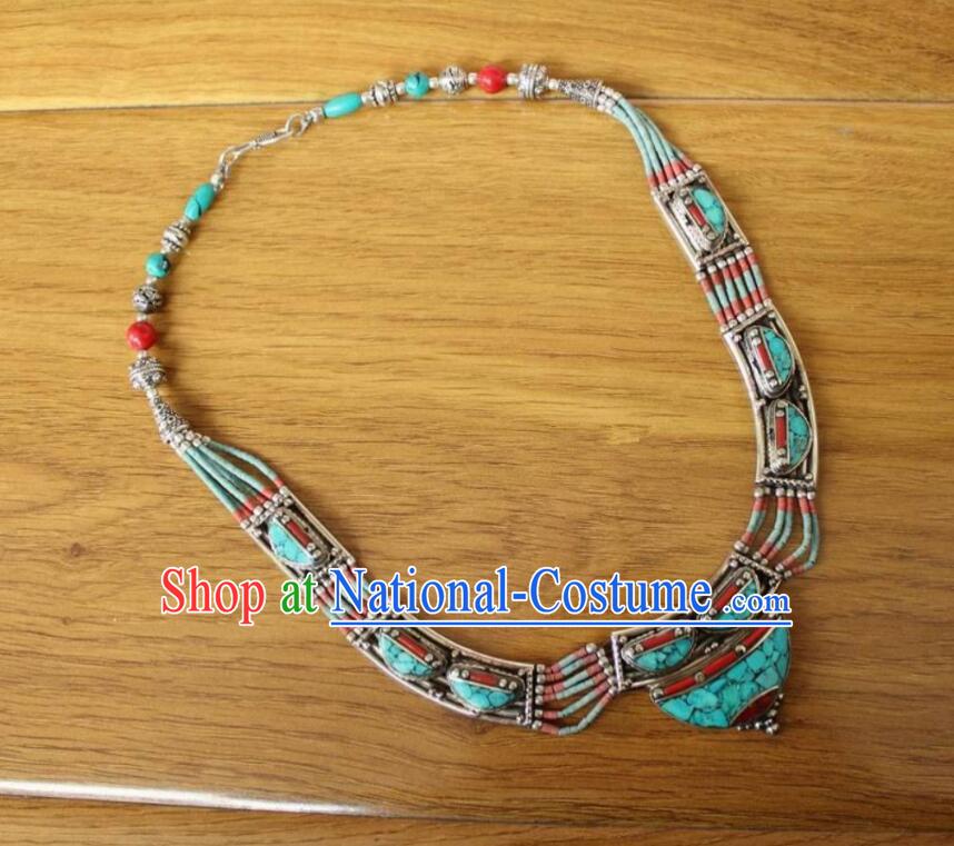 Chinese Zang Nationality Woman Cupronickel Necklace Handmade Tibetan Ethnic Jewelry Traditional Nepal Kallaite Accessories