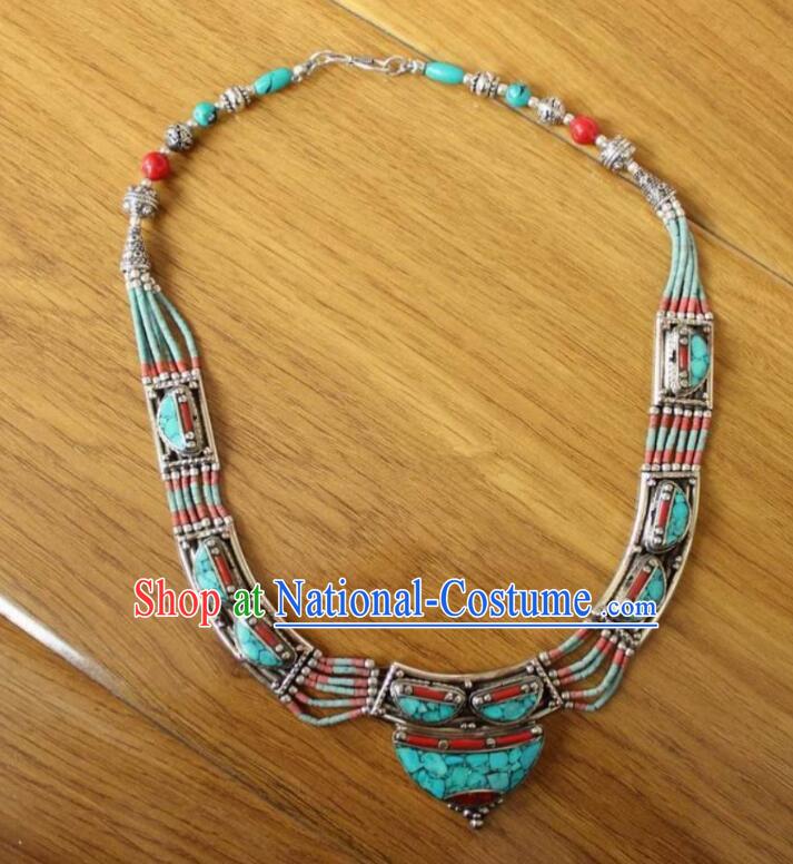 Chinese Zang Nationality Woman Cupronickel Necklace Handmade Tibetan Ethnic Jewelry Traditional Nepal Kallaite Accessories