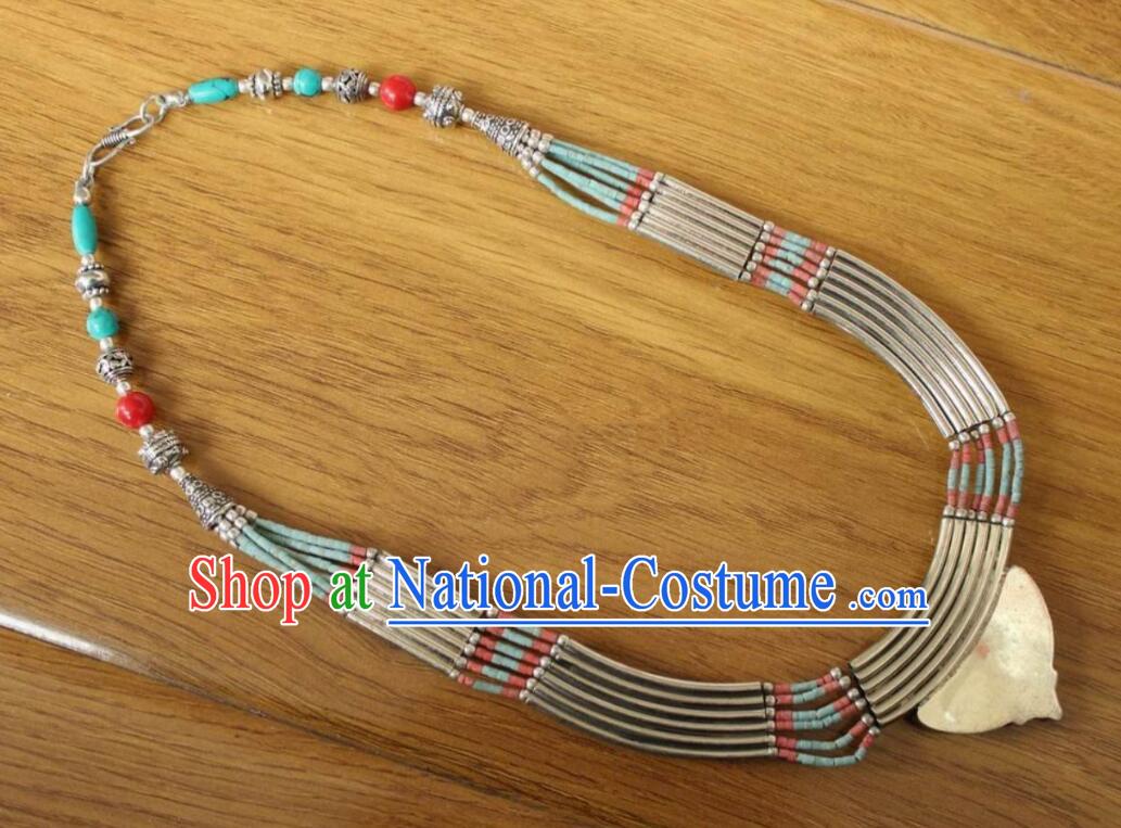 Chinese Zang Nationality Woman Cupronickel Necklace Handmade Tibetan Ethnic Jewelry Traditional Nepal Kallaite Accessories