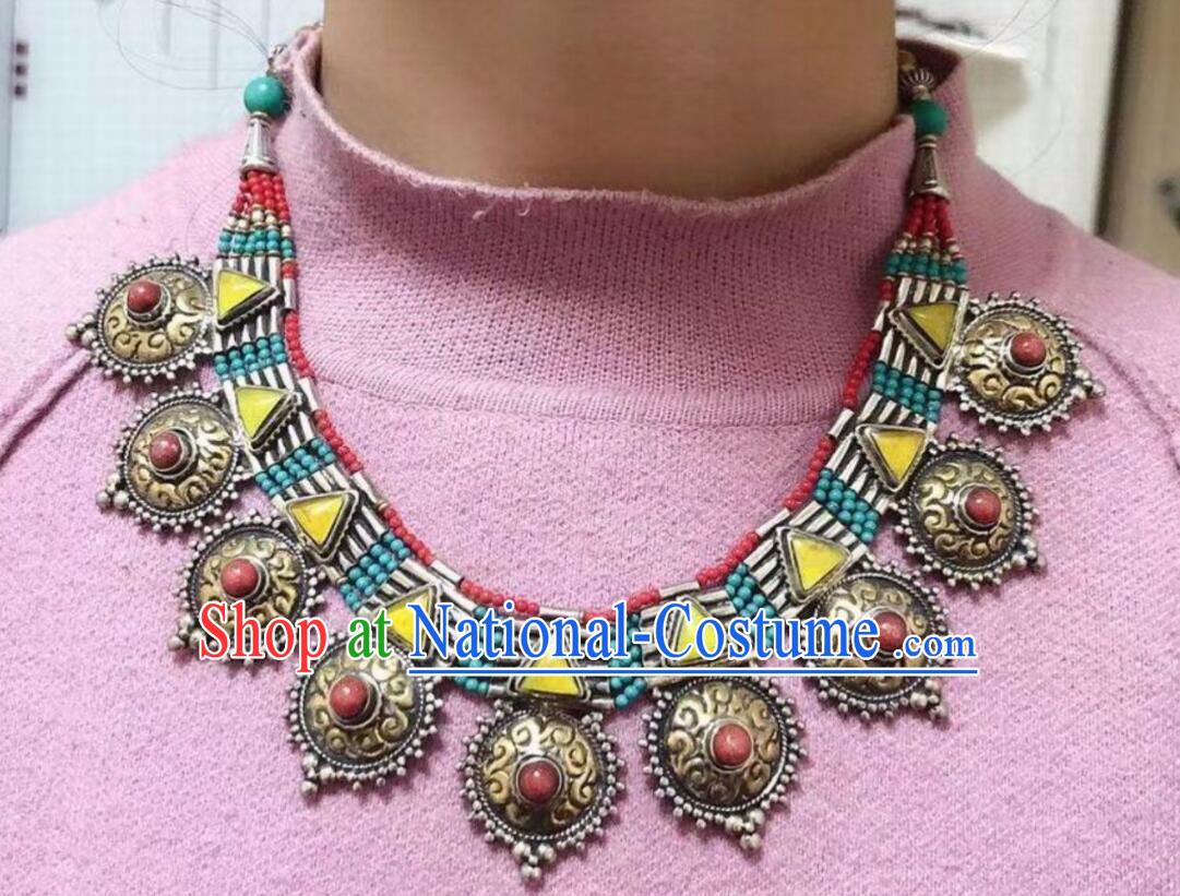 Traditional Nepal Kallaite Accessories Chinese Zang Nationality Woman Brass Necklace Handmade Tibetan Ethnic Necklet Jewelry