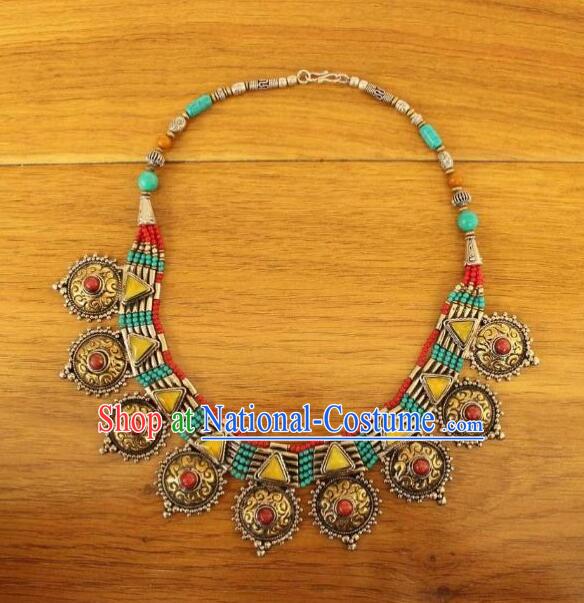 Traditional Nepal Kallaite Accessories Chinese Zang Nationality Woman Brass Necklace Handmade Tibetan Ethnic Necklet Jewelry