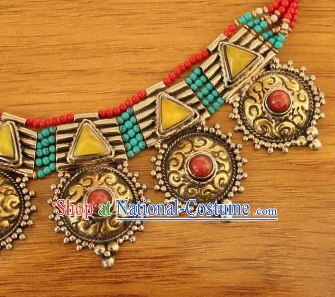 Traditional Nepal Kallaite Accessories Chinese Zang Nationality Woman Brass Necklace Handmade Tibetan Ethnic Necklet Jewelry