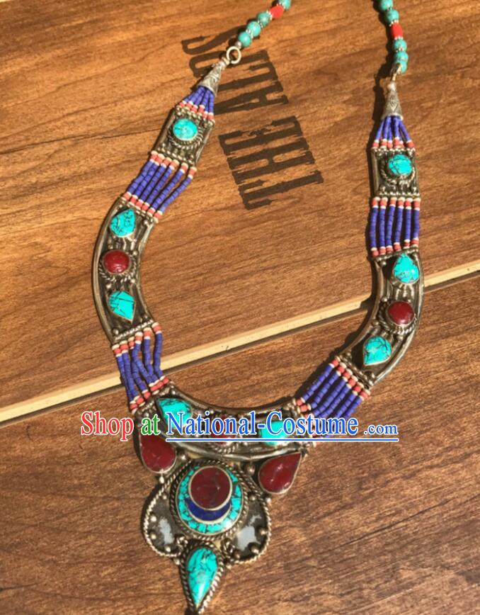 Handmade Tibetan Ethnic Necklet Jewelry Traditional Nepal Kallaite Accessories Chinese Zang Nationality Woman Gems Necklace