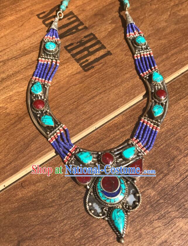 Handmade Tibetan Ethnic Necklet Jewelry Traditional Nepal Kallaite Accessories Chinese Zang Nationality Woman Gems Necklace